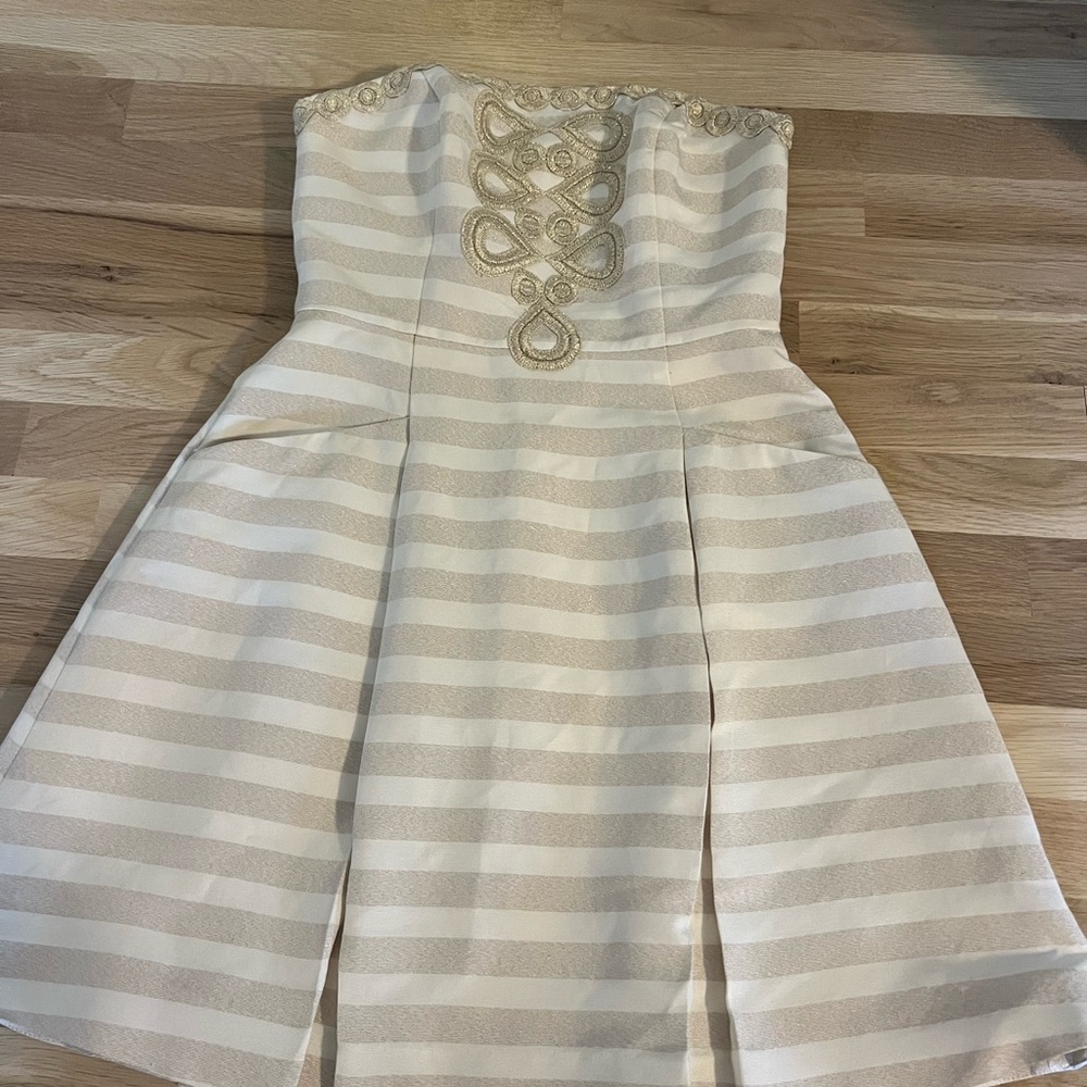 Elegant Cream and Gold Strapless Dress